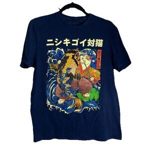 Threadless Cat and The Koi T-Shirt Graphic Print Short Sleeve Navy Unisex Medium